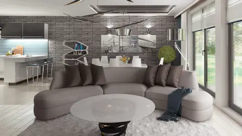 home project Z349 – interior arrangement, Dom parterowy z dachem 2-spadowym, 4 sypialniami oraz przestronną strefą dzienną