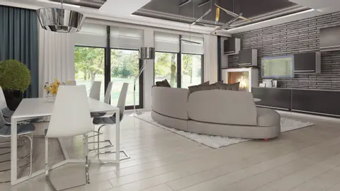 home project Z349 – interior arrangement, Dom parterowy z dachem 2-spadowym, 4 sypialniami oraz przestronną strefą dzienną