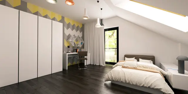 gotowy projekt domu Z148 – aranżacja wnętrz, Ekonomiczny dom z poddaszem, sypialnią na parterze, garażem oraz przydomową oranżerią.