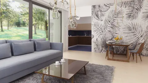 home project Z415 – interior arrangement, Dom z dachem czterospadowym, funkcjonalne wnętrze z dużym, jasnym salonem.