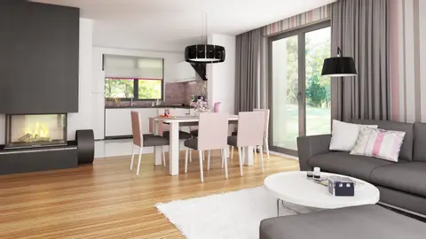 home project Z173 – interior arrangement, Dom z poddaszem, intymnym kompleksem sypialnianym na parterze i garażem od frontu.