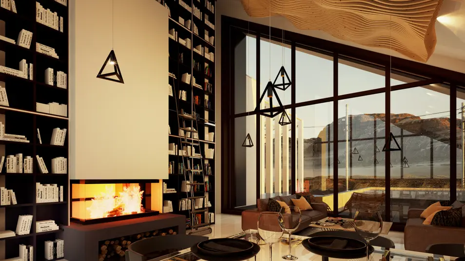 home project Zx201 – interior arrangement, A modern house with a spacious living room and large glazing