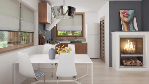 home project Z217 – interior arrangement, Mały dom z garażem i dużym przeszkleniem od strony tarasu z dachem dwuspadowym.
