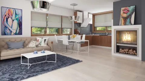 home project Z217 – interior arrangement, Mały dom z garażem i dużym przeszkleniem od strony tarasu z dachem dwuspadowym.