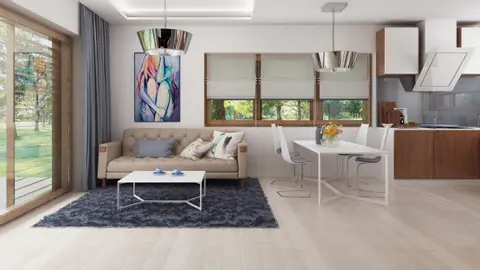 home project Z217 – interior arrangement, Mały dom z garażem i dużym przeszkleniem od strony tarasu z dachem dwuspadowym.