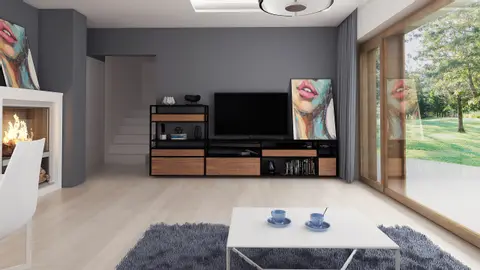 home project Z217 – interior arrangement, Mały dom z garażem i dużym przeszkleniem od strony tarasu z dachem dwuspadowym.
