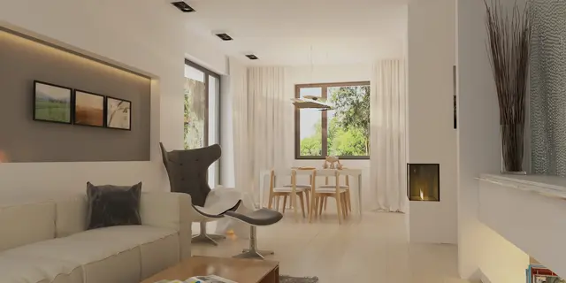 gotowy projekt domu Z259 – aranżacja wnętrz, Projekt małego domu (ok. 80m2) parterowego z garażem; szybki i tani w budowie.