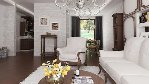 home project Z23 – interior arrangement, Tani i prosty w budowie dom parterowy o dworkowym charakterze