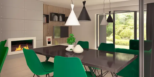 home project Z388 – interior arrangement, Dwa osobne budynki, z dachem dwuspadowym połączone szklanym łącznikiem.