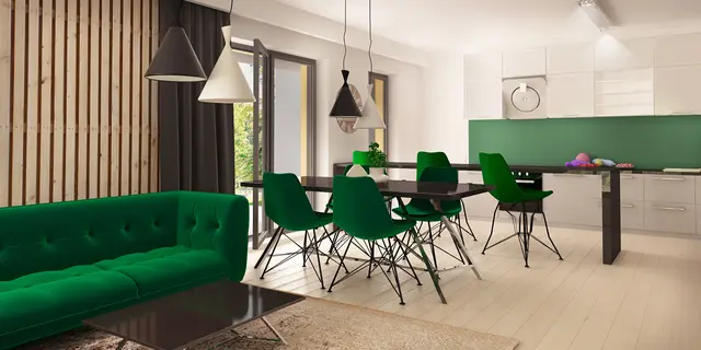 home project Z388 – interior arrangement, Dwa osobne budynki, z dachem dwuspadowym połączone szklanym łącznikiem.