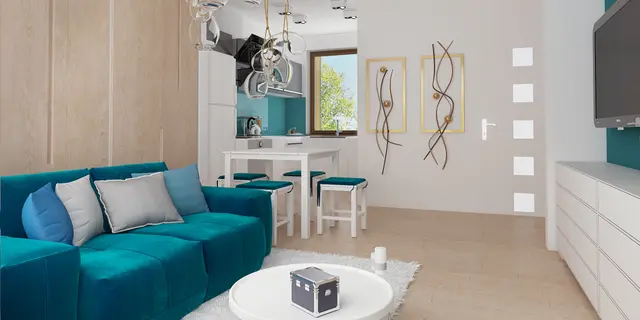 gotowy projekt domu Z451 D – aranżacja wnętrz, Prosty, mały dom o powierzchni ok 50m2 z dachem 2-spadowym, 2 pokojami i salonem