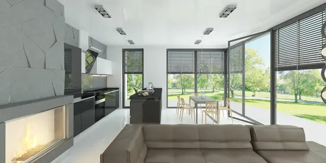 gotowy projekt domu Z456 – aranżacja wnętrz, Współczesny dom z dachem 2-spadowym, garażem, gabinetem i 3 sypialniami.