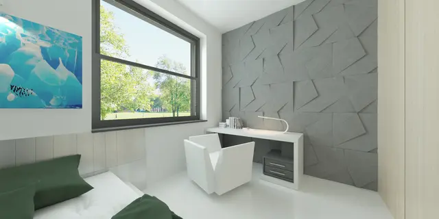 gotowy projekt domu Z456 – aranżacja wnętrz, Współczesny dom z dachem 2-spadowym, garażem, gabinetem i 3 sypialniami.