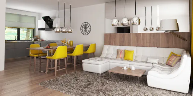 gotowy projekt domu Z459 – aranżacja wnętrz, Dom o powierzchni 126 m2 z dachem dwuspadowym, 4 pokojami oraz dużym salonem