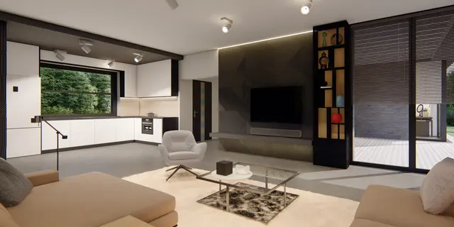 gotowy projekt domu Zx149 – aranżacja wnętrz, Dom parterowy z płaskim dachem,trzema sypialniami, zadaszonym tarasem i wejściem