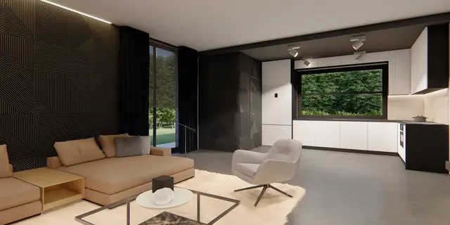 gotowy projekt domu Zx149 – aranżacja wnętrz, Dom parterowy z płaskim dachem,trzema sypialniami, zadaszonym tarasem i wejściem