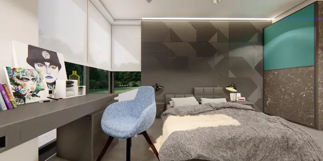 gotowy projekt domu Zx149 – aranżacja wnętrz, Dom parterowy z płaskim dachem,trzema sypialniami, zadaszonym tarasem i wejściem