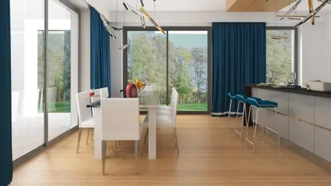 gotowy projekt domu Z465 – aranżacja wnętrz, Parterowy dom z nowoczesnym dachem dwuspadowym i zadaszonym tarasem.