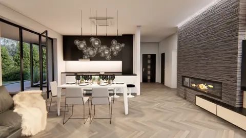 gotowy projekt domu Z411 – aranżacja wnętrz, Parterowy dom z 3 sypialniami, gabinetem oraz zadaszonym dużym tarasem.