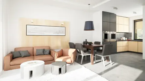 gotowy projekt domu Z427 – aranżacja wnętrz, Parterowy dom z dachem kopertowym, garażem 1-stanowiskowym i dwoma sypialniami.