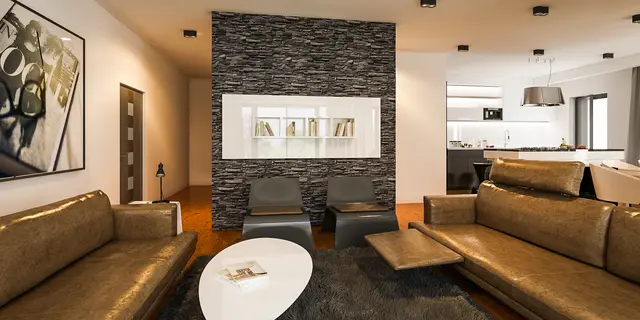 gotowy projekt domu Z425 – aranżacja wnętrz, Dom parterowy, z garażem 2stanowiskowym kuchnia od ogrodu i bocznym salonem.