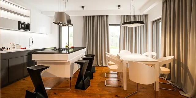 gotowy projekt domu Z425 – aranżacja wnętrz, Dom parterowy, z garażem 2stanowiskowym kuchnia od ogrodu i bocznym salonem.