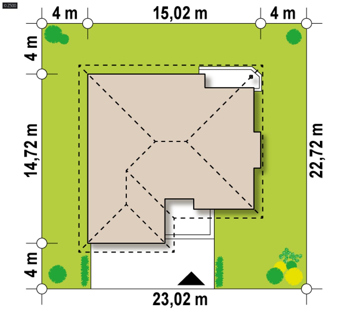 Home project  - Parterowy dom z podwójnym garażem od frontu, kopertowym dachem i podcieniem.