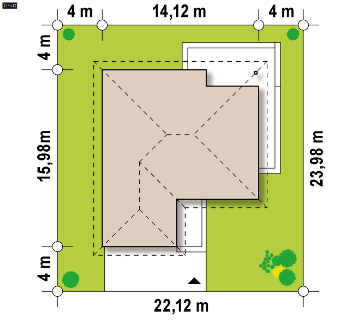Gotowy projekt domu  - Parterowy dom z dużym garażem od frontu na dwa samochody. Obszerny taras