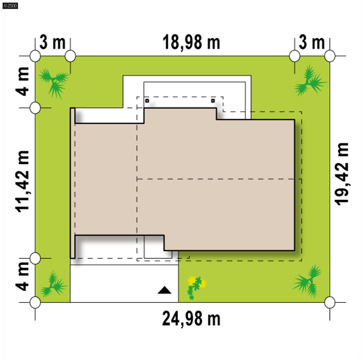 Gotowy projekt domu  - Parterowy dom z dużym bocznym garażem na 2 auta, we współczesnym stylu. 
