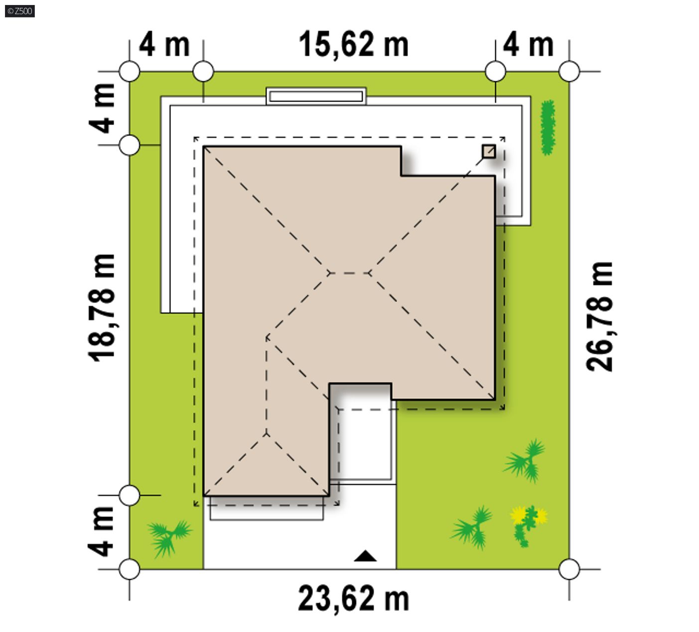 Gotowy projekt domu  - Dom parterowy z przestronnym salonem i 4 pokojami oraz z garażem od frontu