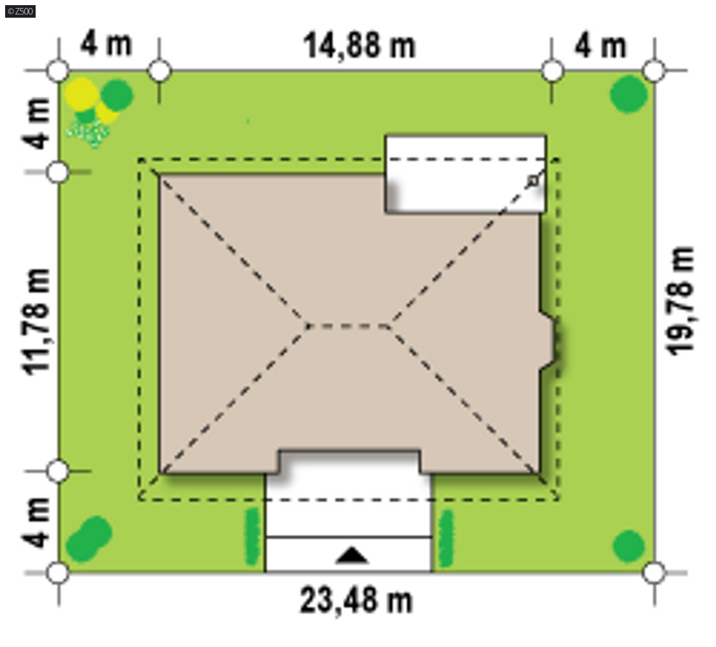 Gotowy projekt domu  - Parterowy dom z dachem kopertowym, wykuszem oraz kominkiem na tarasie.