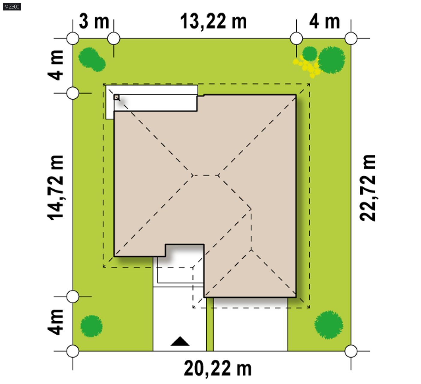 Gotowy projekt domu  - Parterowy dom z dachem kopertowym z frontowym garażem na dwa samochody.