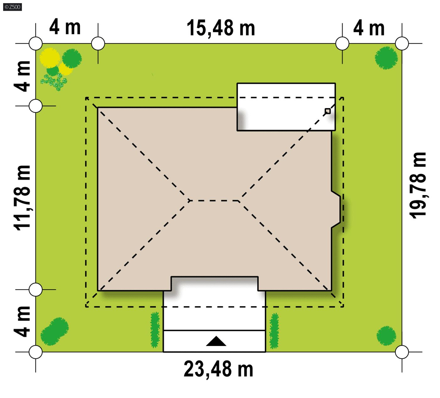 Home project  - Parterowy dom z dachem kopertowym, wykuszem oraz kominkiem na tarasie.
