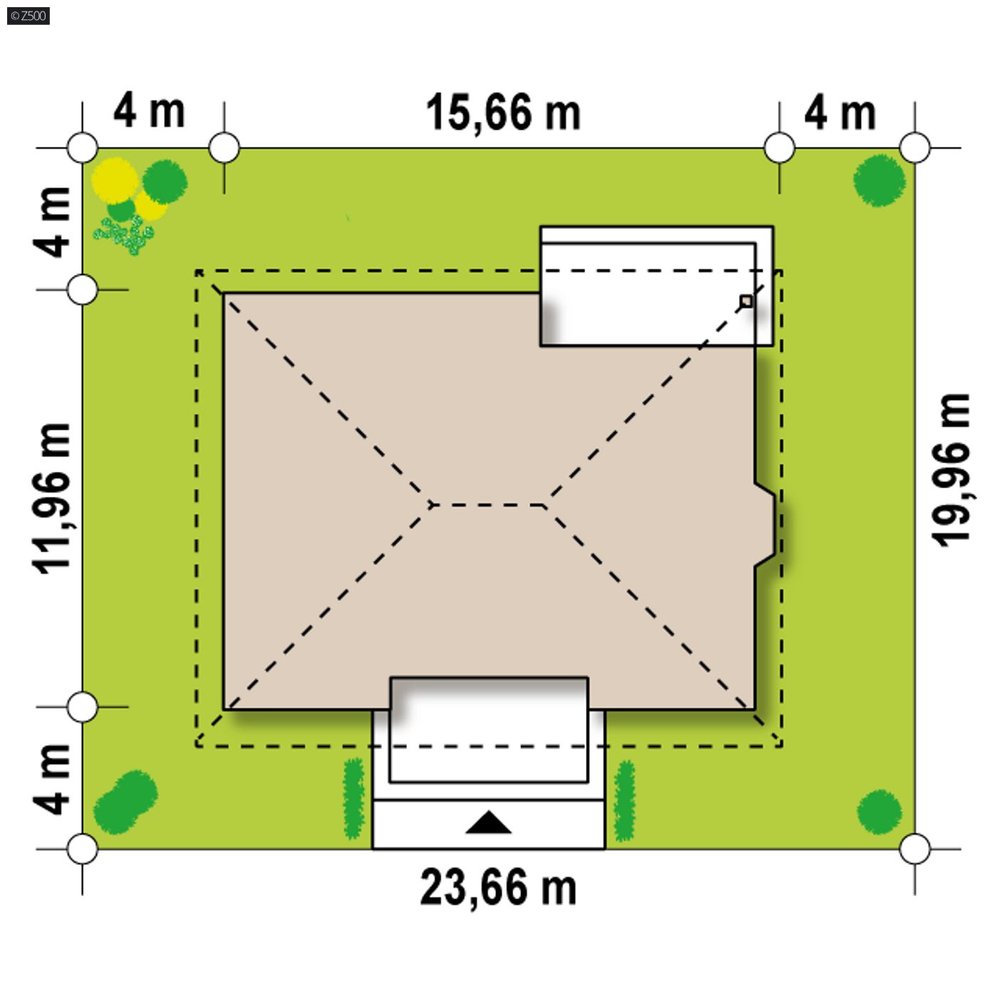 Gotowy projekt domu  - Parterowy dom z dachem kopertowym, wykuszem oraz kominkiem na tarasie.