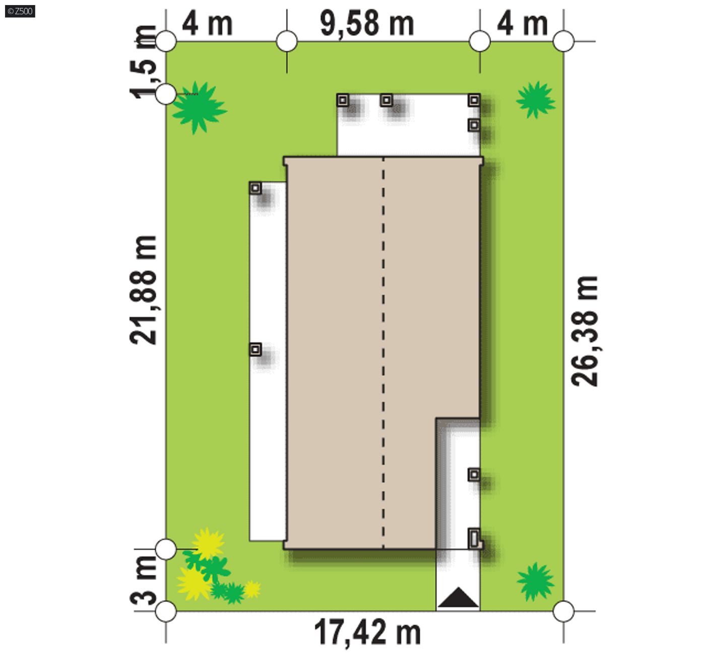 Gotowy projekt domu  - Projekt Z314 na wąską działkę w opcji bez garażu z trzema sypialniami.