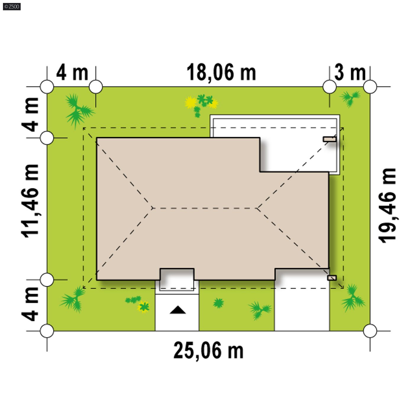 Gotowy projekt domu  - Parterowy dom z obszerną strefą dzienną, bocznym garażem i kopertowym dachem.