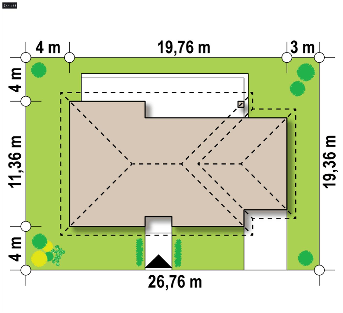 Gotowy projekt domu  - Parterowy dom z garażem po prawej stronie i czterema sypialniami. 