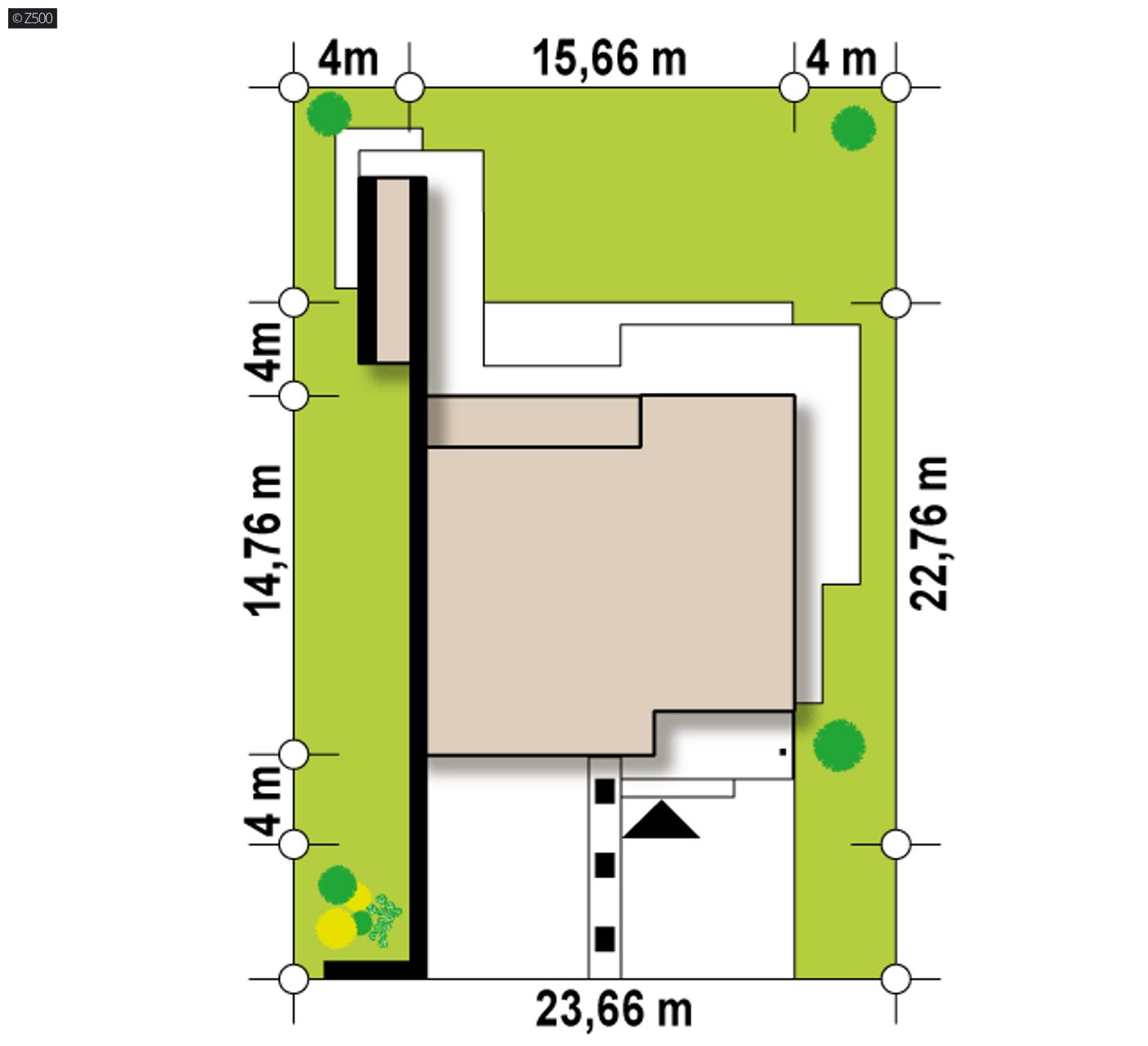 Gotowy projekt domu  - Nowoczesny dom piętrowy z zielonym dachem i dużymi oknami od strony ogrodu.