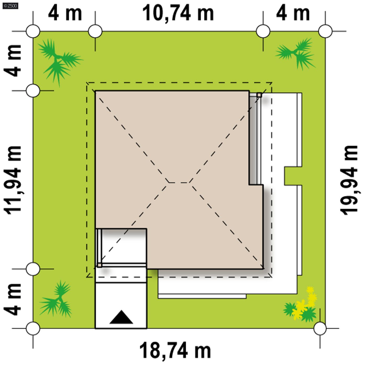 Home project  - Mały dom parterowy z kopertowym dachem, salonem od frontu i 2 sypialniami.