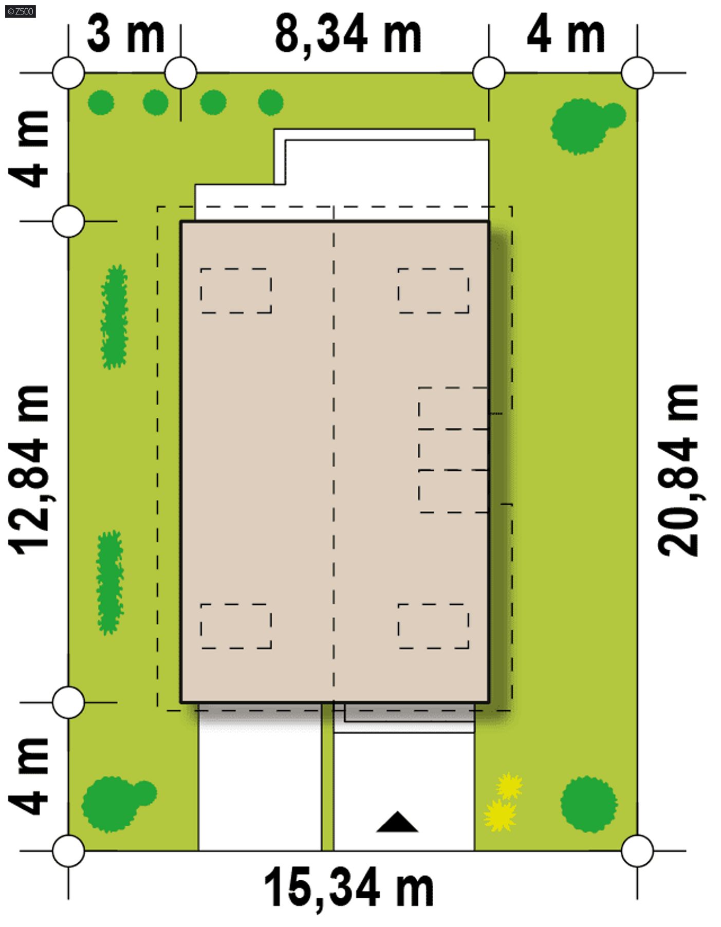 Gotowy projekt domu  - Podłużny dom z poddaszem i garażem od frontu, także na wąską działkę.