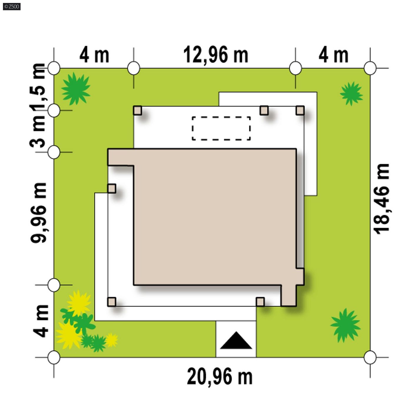 Namo projektas  - Modernus vieno aukšto namas su 3 miegamaisiais, dengta terasa ir įėjimu
