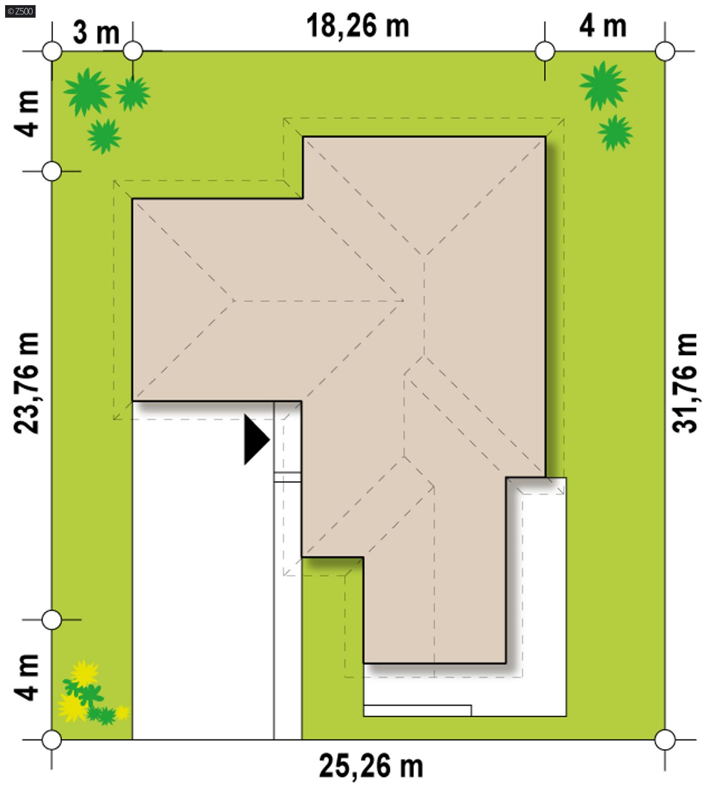 Gotowy projekt domu  - Parterowy dom z garażem i salonem od południa. Wersja powiększona