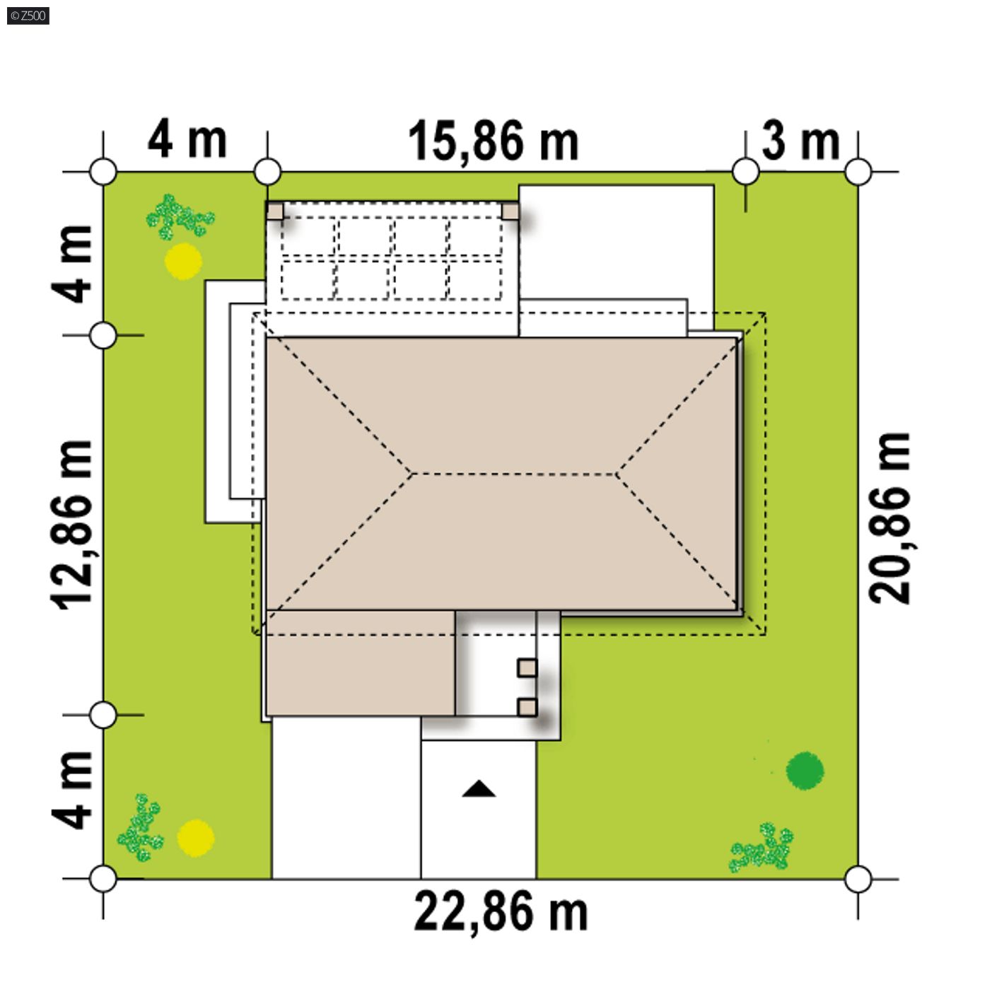 Gotowy projekt domu  - Parterowy dom z 3 sypialniami, powiększonym garażem oraz dachem kopertowym.