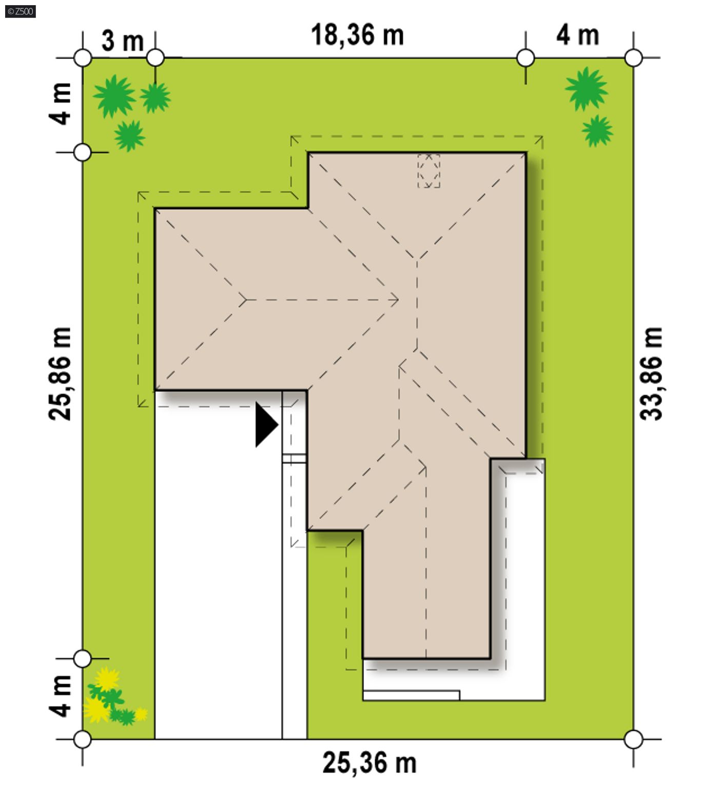 Gotowy projekt domu  - Parterowy dom z garażem i salonem od południa. Wersja powiększona, większy salon
