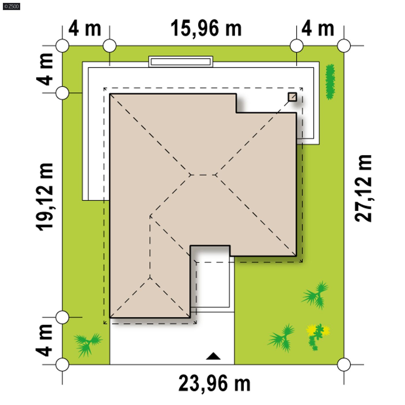 Gotowy projekt domu  - Dom parterowy z przestronnym salonem i 4 pokojami oraz z garażem od frontu