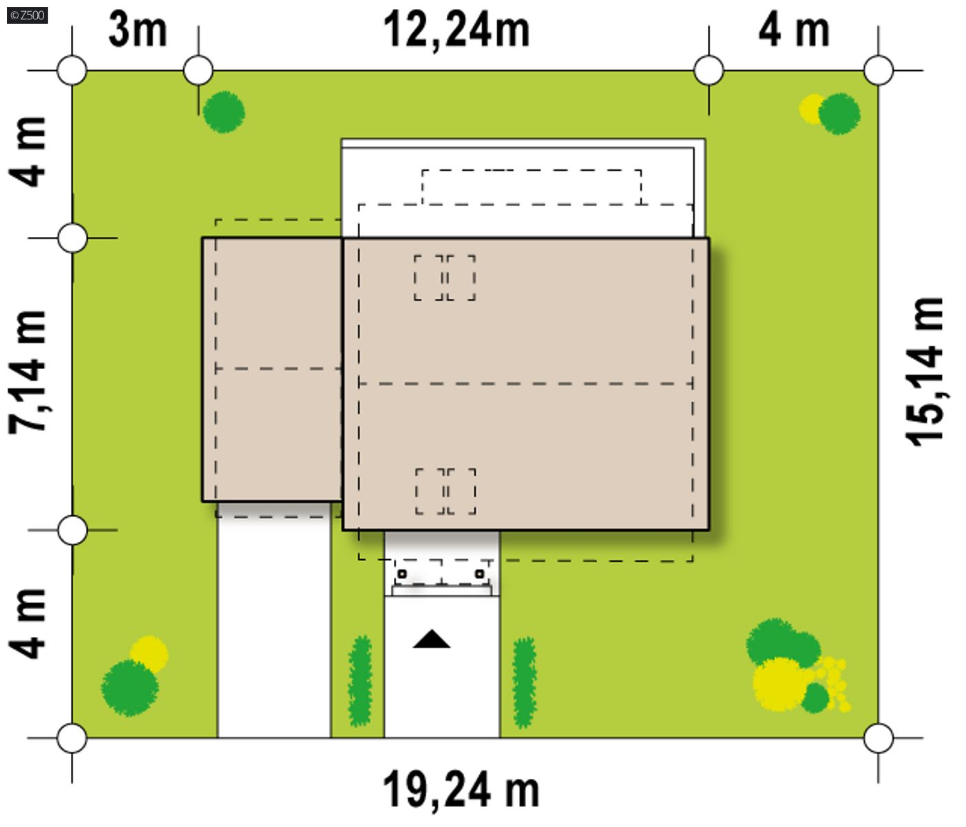 Home project  - Mały dom z garażem i dużym przeszkleniem od strony tarasu z dachem dwuspadowym.