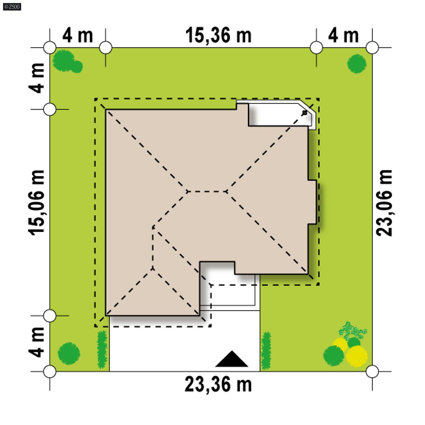 Gotowy projekt domu  - Parterowy dom z podwójnym garażem od frontu, kopertowym dachem i podcieniem.