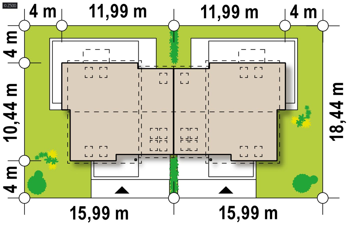 Gotowy projekt domu  - Segment do zabudowy bliźniaczej z wysoką ścianką kolankową i garażem.