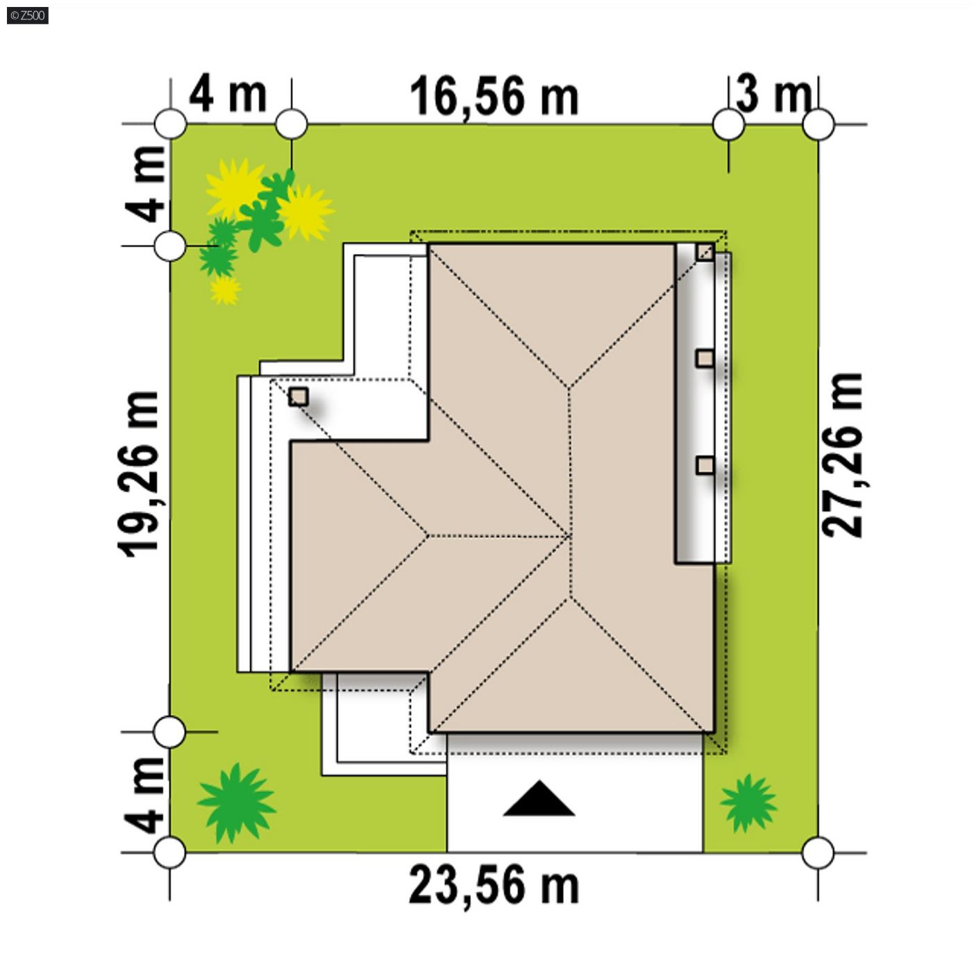 Mājas projekts  - Dom parterowy z dachem wielospadowym, garażem i 3 sypialniami.