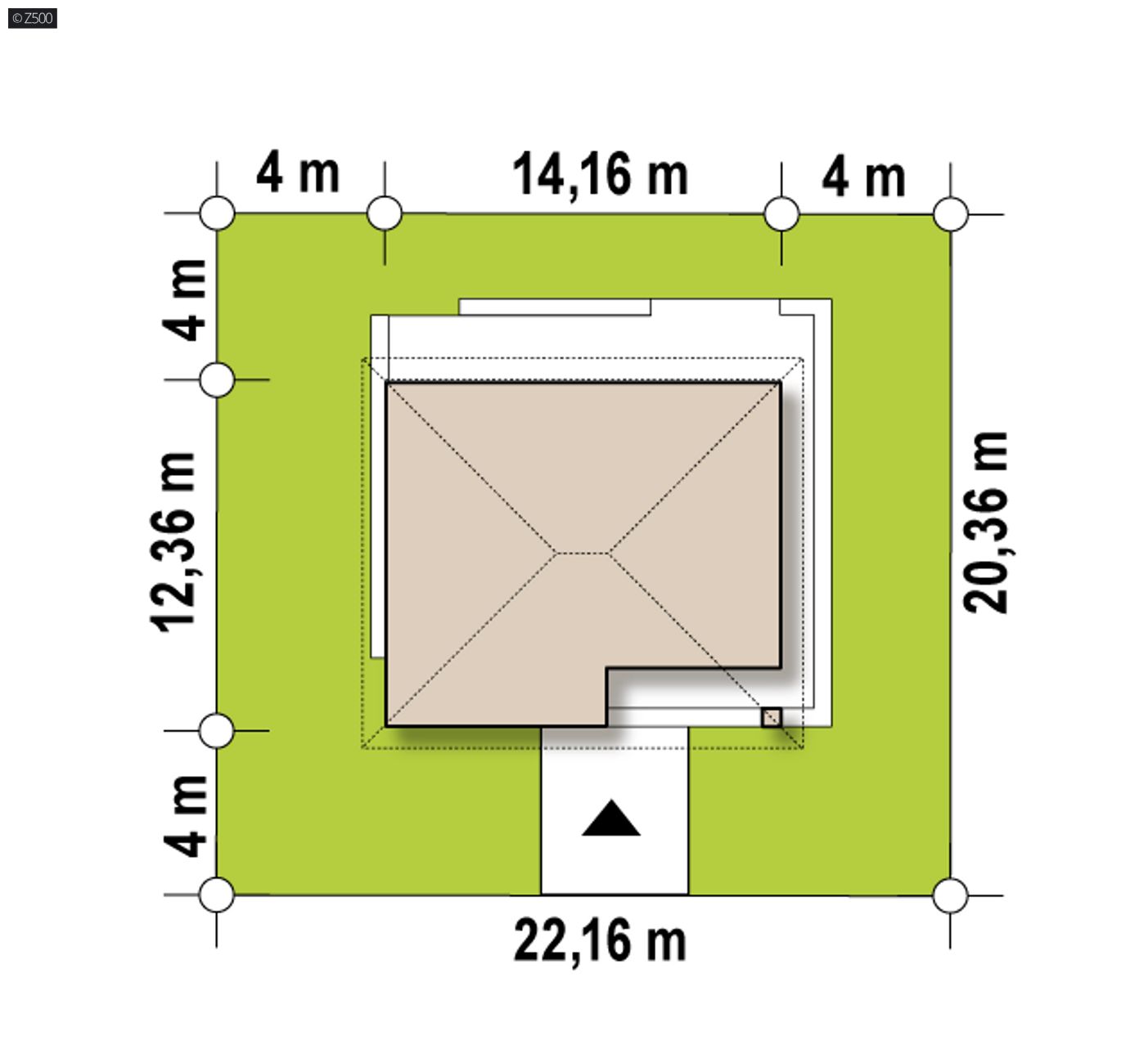 Gotowy projekt domu  - Dom parterowy z garażem 1-stanowiskowym, dachem kopertowym i dwoma sypialniami.